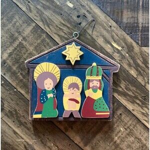 Vintage Wooden Nativity Scene Manger Christmas Ornament 80s Colorful 3.5X3.5